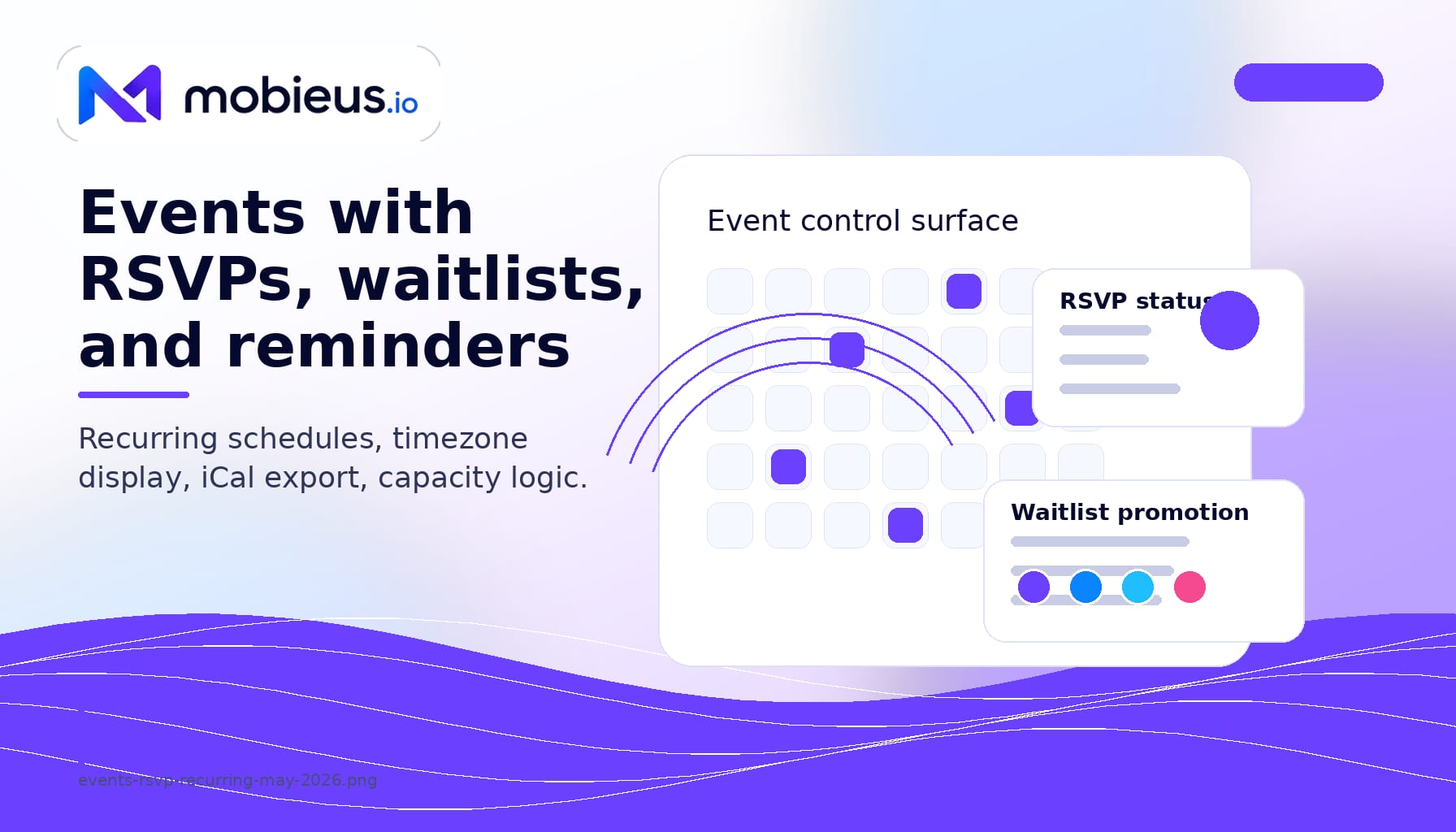 Events get RSVPs, waitlists, reminders, and recurring schedules