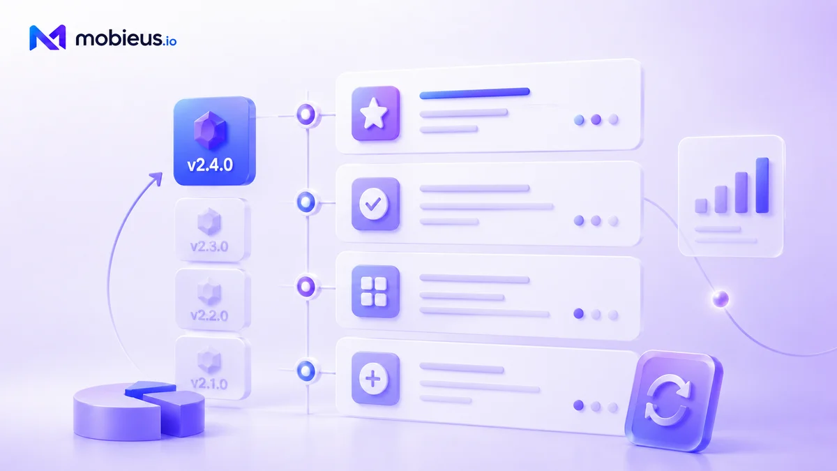 Mobieus 3D illustration of version-tag badges (v2.4.0, v2.3.0, v2.2.0) next to a vertical timeline of release rows with star, check, grid, and plus icons.