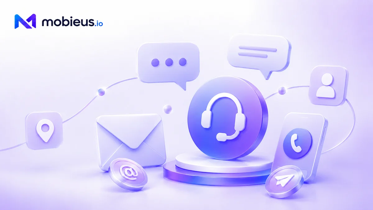 Mobieus 3D illustration of a headset on a pedestal surrounded by chat bubbles, email, phone, and pinned location icons.