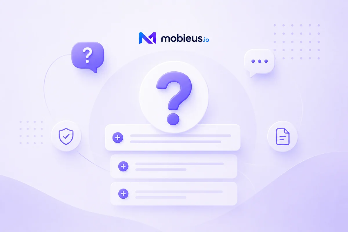 Mobieus 3D illustration of a glowing question mark above stacked FAQ rows, with a chat-bubble and shield icon to the sides.