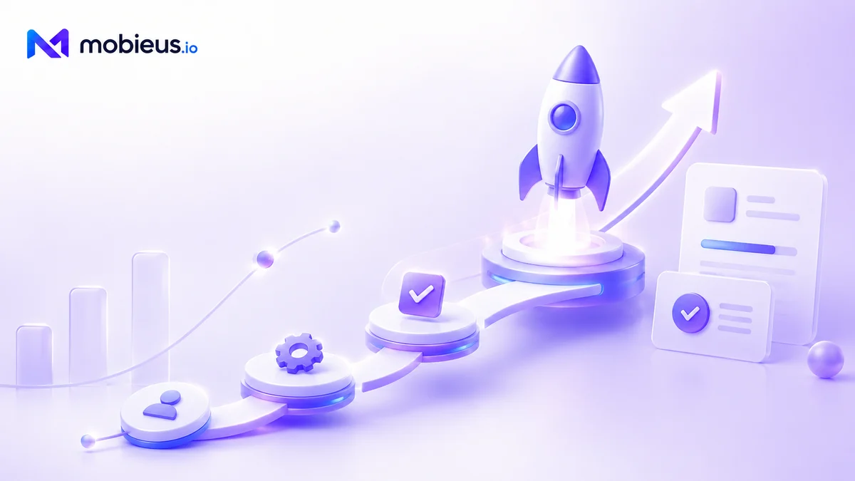 Mobieus 3D illustration of a rocket launching upward from a stair-step path with milestone discs (settings, check, completion) leading to a release document on the right.