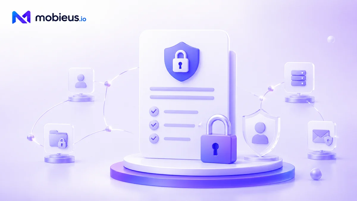 Mobieus 3D illustration of a legal document with a shield and lock badge.