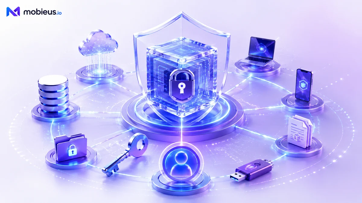 Mobieus 3D illustration of a glass cube with a lock inside on a pedestal, connected to database, file, key, and member icons by glowing lines.