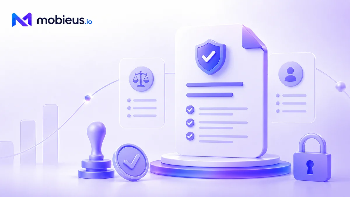 Mobieus 3D illustration of a Terms of Service document with a verified shield, scales of justice, a notary stamp, and a padlock on the pedestal.