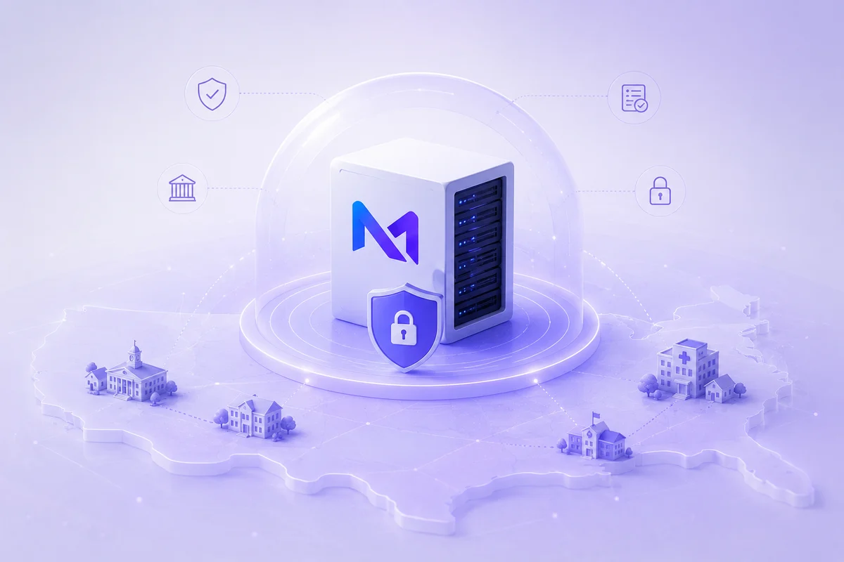 A Mobieus-branded server inside a glass dome on a stylized platform, surrounded by buildings and security icons — representing a dedicated, sovereign tenant.